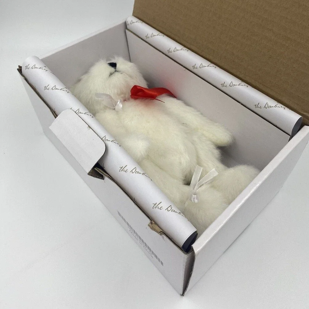 Danbury Mint Jointed Plush Bear.‎ IN BOX. White with Red Bow. Approx. 8